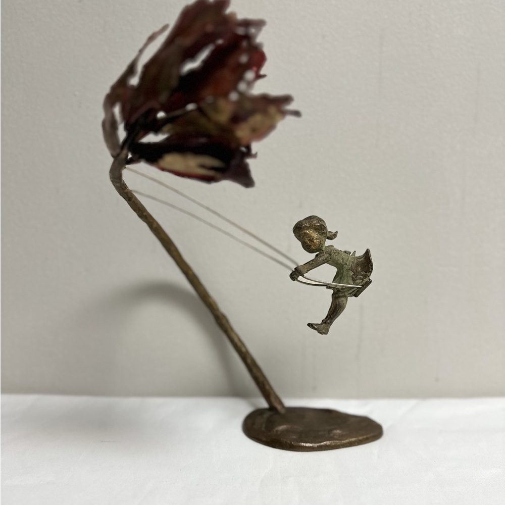Brutalist Swinging Pony Tail Child Tree  Sculpture Bronze Copper Girl on A Swing